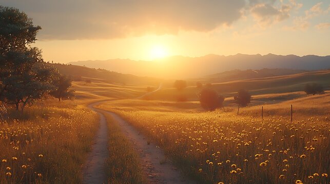 A winding dirt path leads through a sun drenched meadow filled with wildflowers towards distant mountains at sunset