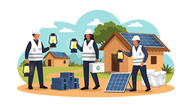 Aid workers distributing solar power equipment to communities for clean energy solutions