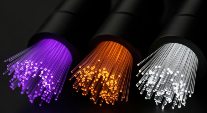 Fiber optic cables, colorful wires, purple, orange, silver, telecommunications, network, data transmission