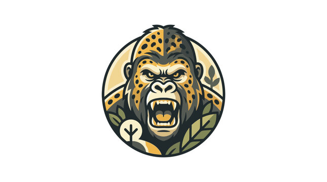 Fierce Gorilla Face Logo with Jungle Leaves - Aggressive Primate Emblem