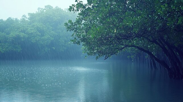 Lush rainforest river in misty rain