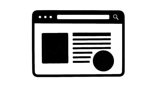 Minimal black silhouette icon, simple flat vector, bold black shape, no, no shading web browser window icon with search bar, image placeholder and globe symbol on a, flat icon style