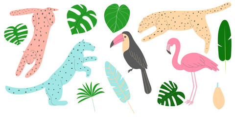 Exotic tropical leaves, leopards, flamingo, tukan and wild animals, birds, jungle plants, palm trees, monstera leaves. Set of vector jungle stickers in cartoon retro style © Cibula