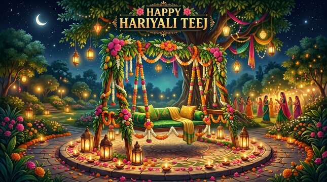 3 D Render of a Golden Happy Hariyali Teej Sign on a Rose Decorated Swing at Night with Lit Candles and Lanterns