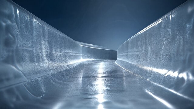slide. A narrow, U-shaped ice track with smooth, reflective walls. mobility guides, transit brochures, designed for transport & logistics marketing, improves user orientation.