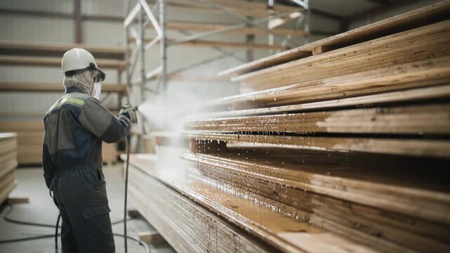 Medium shot of a specialist spraying a clear fireretardant coat on construction materials emphasizing transparency and protective layering for enhanced fire safety