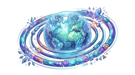 Stylized Earth with Cosmic Rings and Crystals. © garen