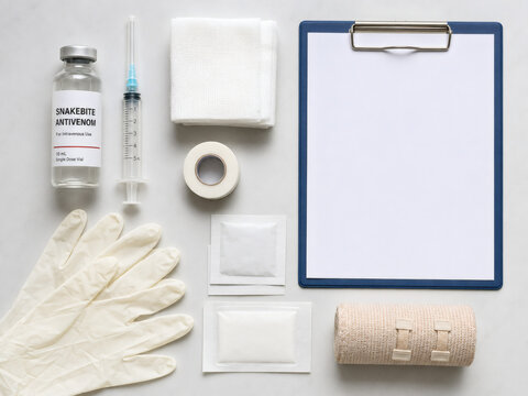 Snakebite antivenom emergency supplies flat lay with clipboard