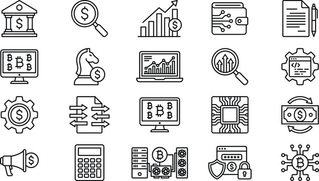 Cryptocurrency and financial technology line icon set featuring blockchain online banking crypto mining and business analytics concepts