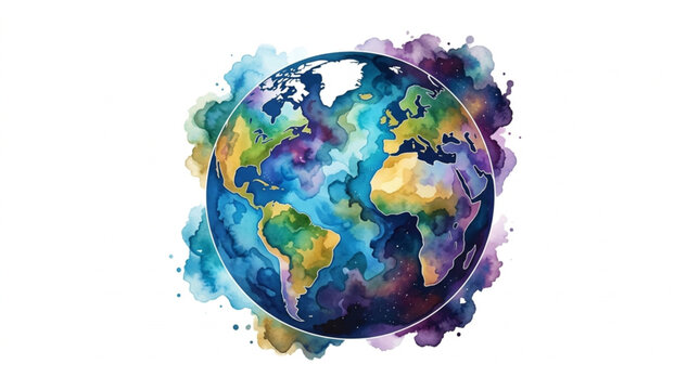 Watercolor painting of planet Earth with colorful splashes.