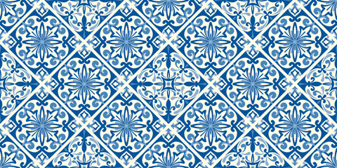 Blue Mediterranean ceramic tile with seamless mosaic pattern and floral motif. Spanish azulejo geometric background for vintage decor. © Chorna_L