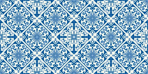 Fototapete Portugal Keramikfliesen Blue Mediterranean ceramic tile with seamless mosaic pattern and floral motif. Spanish azulejo geometric background for vintage decor.  © Chorna_L