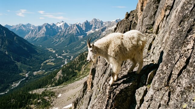 Mountain Goat on a Rocky Cliff Above the Valley

