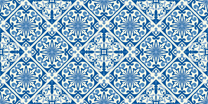 Blue Mediterranean ceramic tile with seamless mosaic pattern and floral motif. Spanish azulejo geometric background for vintage decor.