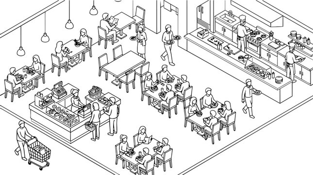 Busy restaurant interior scene with diners eating and chefs working in the kitchen