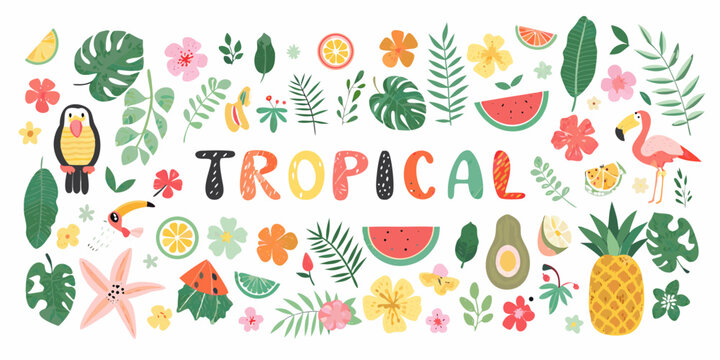 Tropical Fruits And Foliage Vector Illustration With Handwritten Typography