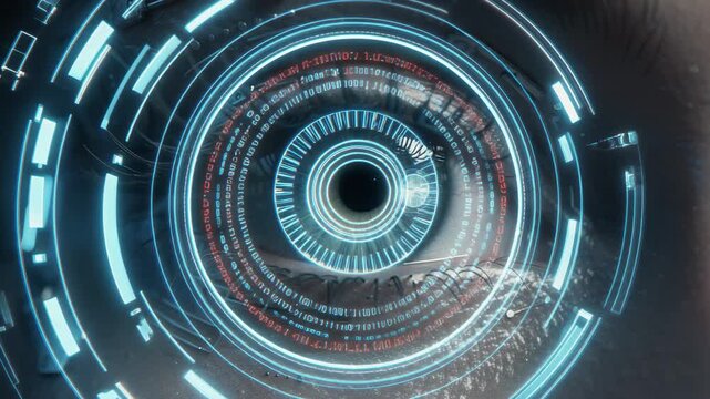 Close up of a futuristic human eye with glowing cybernetic implants and digital technology integration