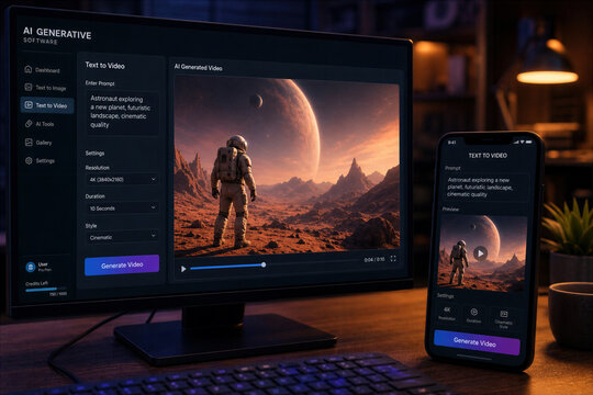 AI text to video app generating astronaut exploring new planet futuristic landscape with AI generative software on computer and mobile screen showcasing cinematic alien world for content creation