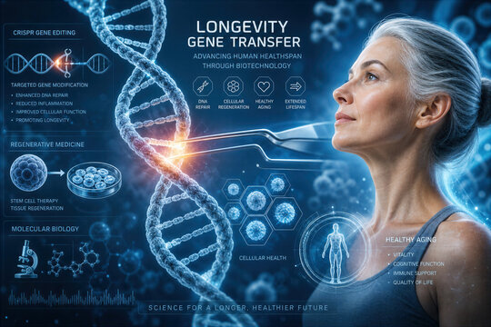 Longevity gene transfer CRISPR gene editing lifespan extension regenerative medicine DNA genetics cellular health molecular biology healthy aging biotech concept
