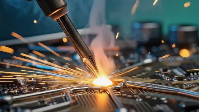 Close up of a soldering iron melting solder on a detailed electronic circuit board for precision technology work