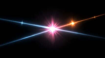Fototapeta premium Vibrant light bursts pierce the dark void. Blue and orange rays cross in cosmic harmony. Center glows with radiant energy. Perfect backdrop for sci-fi or fantasy visuals. Ideal for motion graphics