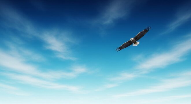 Majestic eagle with extended wings soaring through a wide expansive blue sky with soft diffused clouds