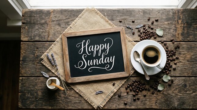 Happy sunday chalkboard message with coffee on rustic wooden table