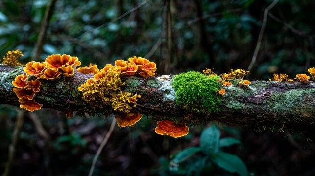Fungi, Mushroom, Moss, Forest, Log, Nature, Orange, Woodland, Decay and Ecology Scene Featuring Vibrant Shelf Fungi Growing on Fallen Tree Trunk in Lush Green Wilderness