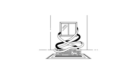 Fototapeta premium Computer screen and keyboard tangled in wire