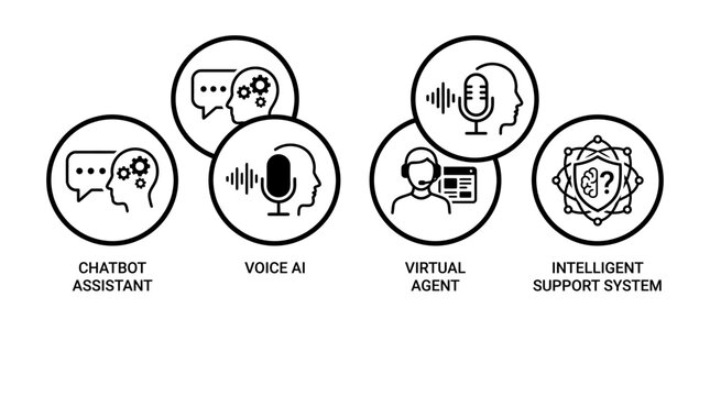 AI assistant icon collection, black and white vector style