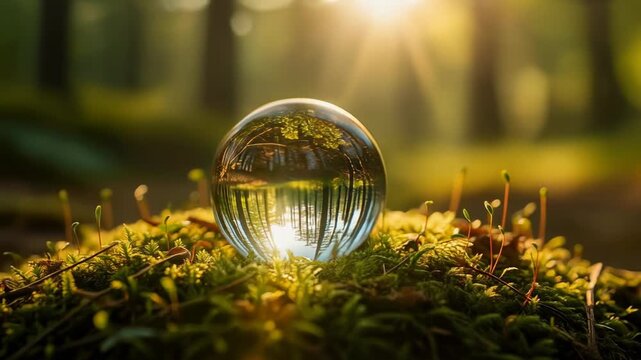 Crystal ball on green moss glowing in warm sunlight with firefly and natural forest reflection