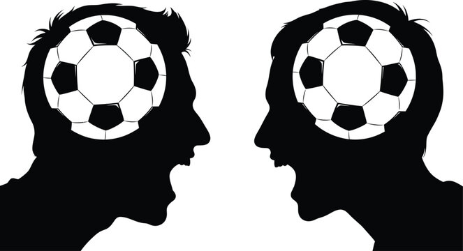 Two men's head silhouettes with soccer balls for brains