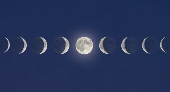 Moon phases, lunar cycle, full moon, crescent shapes, night sky