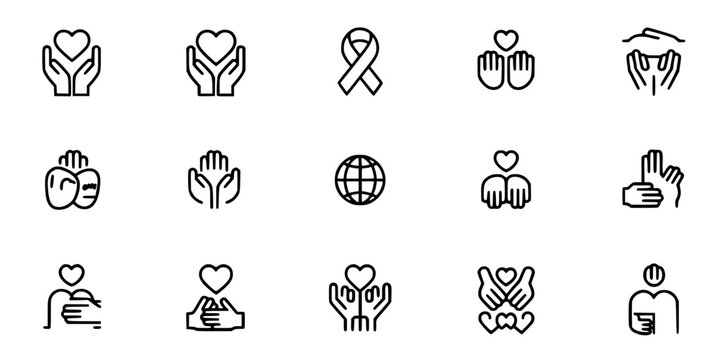 Heart Icon Set in Minimal Line Style, Hand-Drawn Stroke Icons for Love, Charity, Support and Donation Concepts