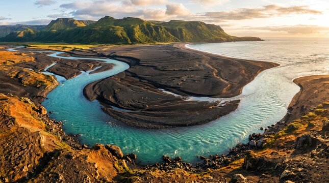 Aerial view of a glacial river winding through black sand beaches in iceland at sunset