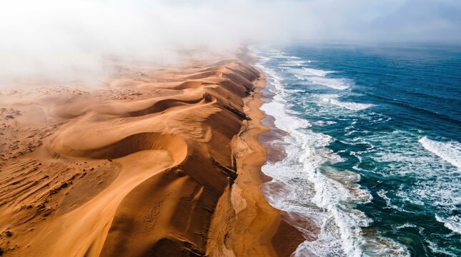Aerial view of the namib desert meeting the atlantic ocean in namibia