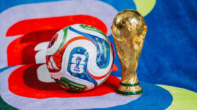 Fifa world cup trophy and Trionda official match ball close up