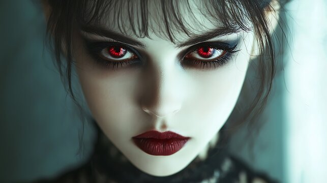 Close up portrait of a pale face with striking red eyes dark makeup and dark hair