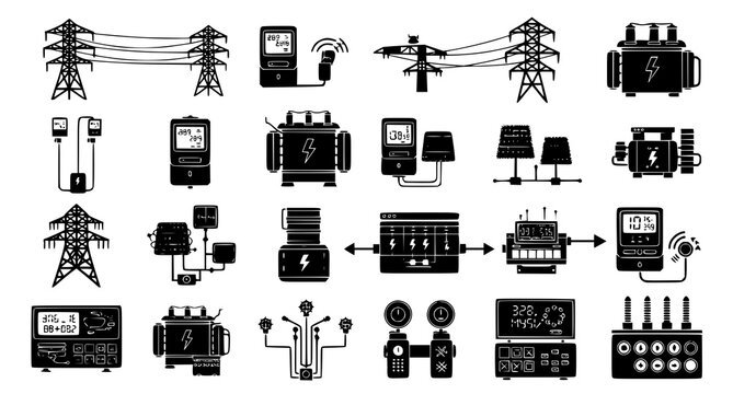 Electrical power distribution and energy monitoring icons set including high voltage transmission towers power transformers and smart meters