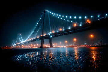 Obraz premium Long suspension bridge illuminated lights misty night skyline reflective wet road urban beauty Images