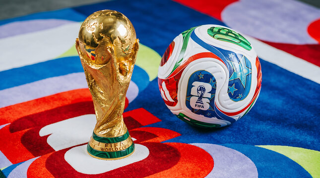 Fifa world cup trophy and official match ball on flag background