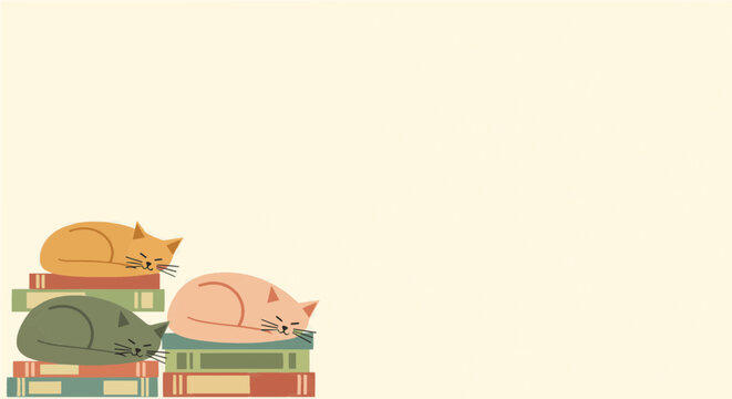 Cozy cats sleeping on book stacks copy space