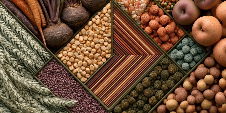 Assorted fresh vegetables, grains, and fruits arranged in a geometric pattern on a wooden surface showcasing a variety of colors and textures
