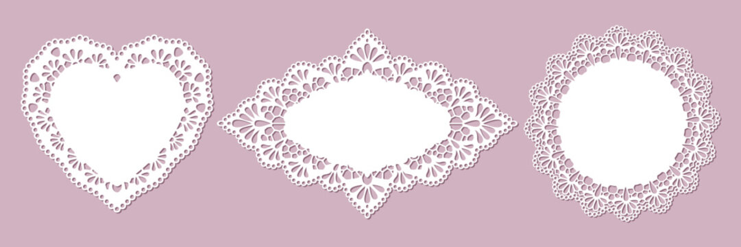 Vintage lace doily framed in oval round and heart shapes. Delicate white paper borders with ornate patterns, perfect for wedding invitations and decorative designs. Vector illustration
