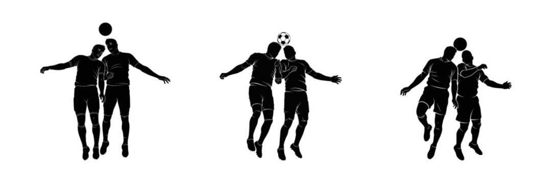 Soccer players heading ball silhouette vector set for aerial duel competition.
