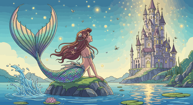 Mermaid sitting on rock fantasy creature.