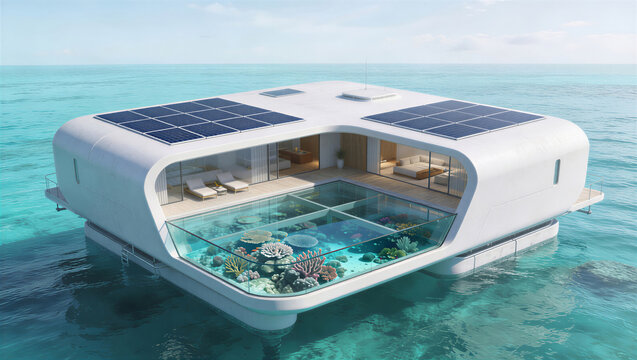 Innovative floating eco-home in a tropical sea with rooftop solar panels and a glass-bottom atrium showcasing a living coral reef conservatory.