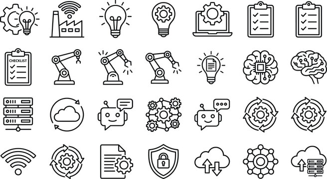 Smart manufacturing and automation line icon set featuring industrial robotics artificial intelligence cloud computing and network symbols