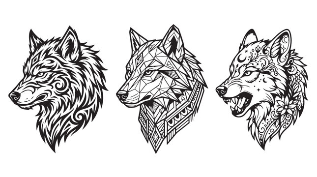 Collection of three stylized wolf head portraits featuring geometric and tribal patterns, portrait