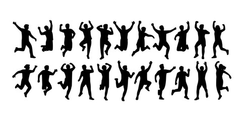 Obraz premium People Jumping in Various Poses, Black Silhouettes on White Background, Celebrating and Dancing Featuring Celebration, Joy, Happiness with Fun